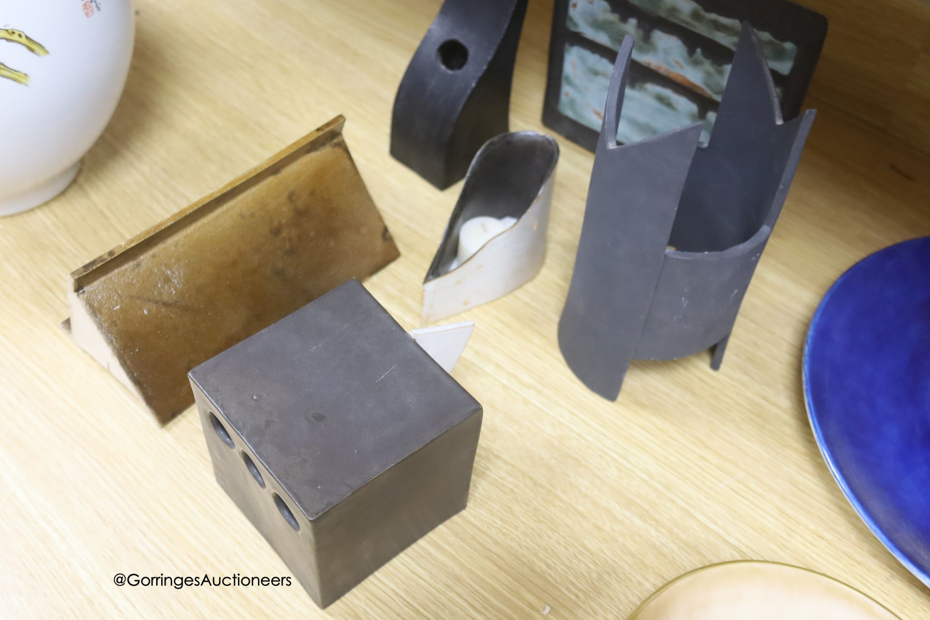 Bill Gill studio pottery - a cube flower holder, 11 x 11cm, a lamp shade and four other items